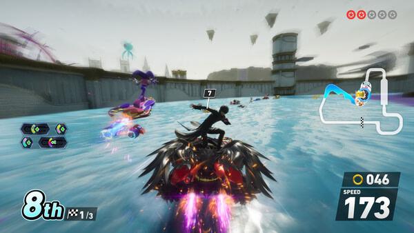 Sonic Racing: CrossWorlds screenshot: A character races on a futuristic track, surrounded by water, in eighth place, with a speed of 173.