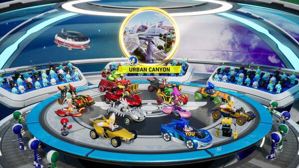Screenshot of Sonic Racing: CrossWorlds showing colorful cars and characters lined up in the Urban Canyon selection screen.