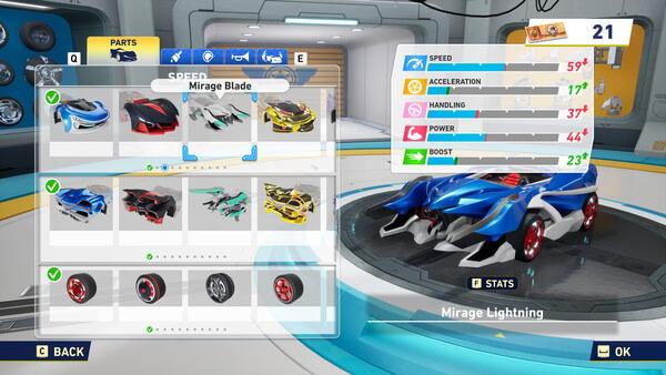 Sonic Racing: CrossWorlds screenshot featuring the Mirage Lightning car selection menu with stats and customization options visible.