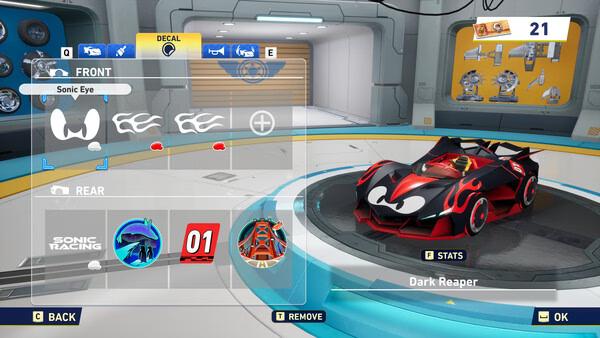 Sonic Racing: CrossWorlds screenshot showing car customization menu with the "Dark Reaper" vehicle and decal options in a futuristic garage.
