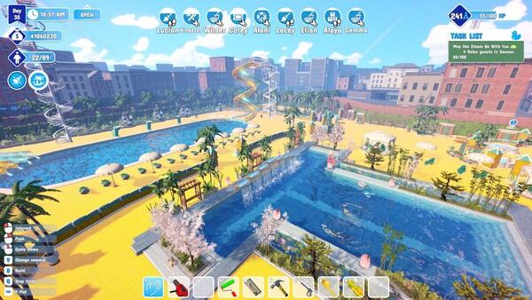 Screenshot from Waterpark Simulator showing pools, slides, and a sunny park surrounded by buildings and greenery.