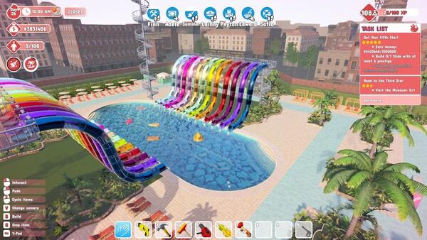 Waterpark Simulator screenshot: A vibrant water park with colorful slides, pools, palm trees, and task list visible on the interface.