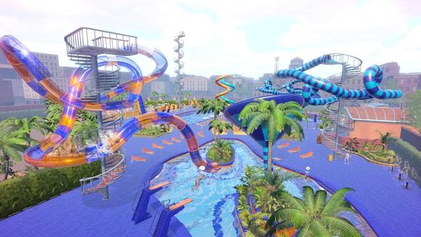 Screenshot from Waterpark Simulator showing colorful water slides, a winding lazy river, and palm trees under a bright sky.