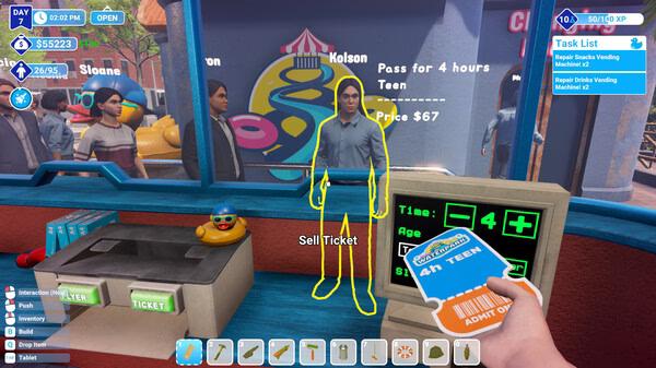 Screenshot from Waterpark Simulator showing a player selling tickets at a booth, with customer and task list visible.