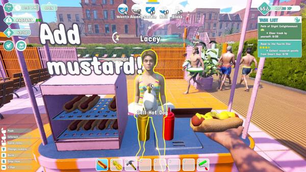 Screenshot from Waterpark Simulator: Player holds a hot dog near a vendor stand, surrounded by people and water slides in the background.