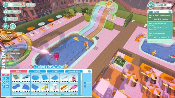 Screenshot from Waterpark Simulator showing a colorful water slide and pool, with various game interface elements and a task list.