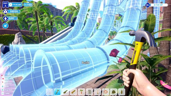 Screenshot from Waterpark Simulator showing a hand holding a hammer near a partially constructed water slide amidst tropical plants.