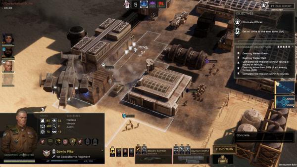 Screenshot from the game MENACE: A futuristic military base with a spaceship and soldiers completing objectives in a desert landscape.
