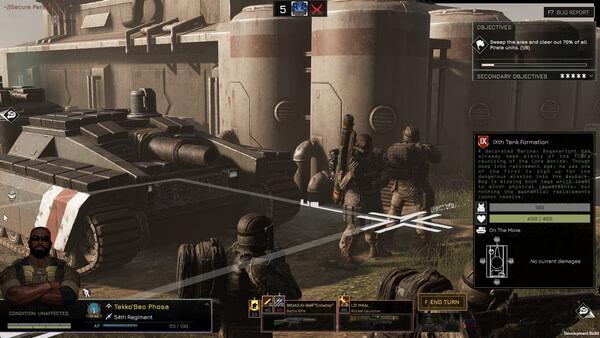 Screenshot from MENACE showing soldiers and a tank near a building, with objective details and player interface displayed.