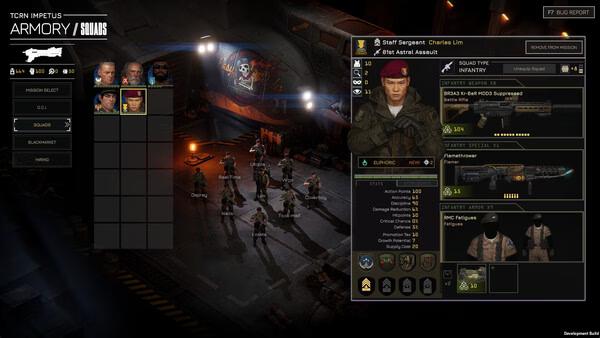 Screenshot of the game MENACE showing a squad lineup in an armory. Player character details and weapon stats are visible.