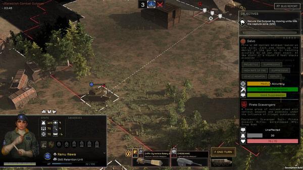 Screenshot from the game MENACE showing a tactical map with a soldier aiming at an enemy, and mission objectives on the right.