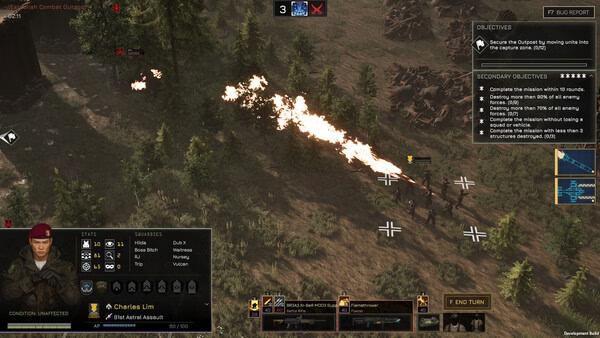 MENACE screenshot: Soldiers advance through a forest while firing flamethrowers, with objectives displayed on the right panel.