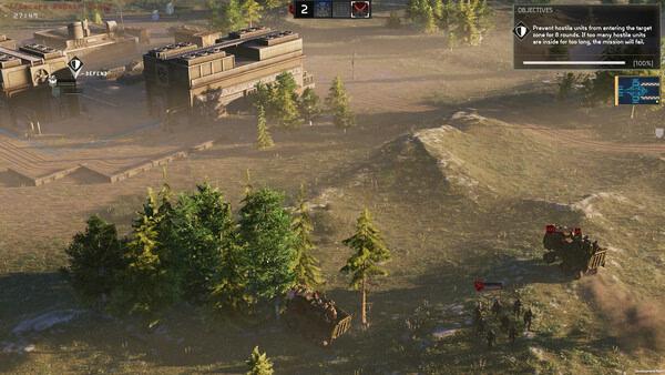 Screenshot from MENACE showing military vehicles near a forest, objectives panel, and buildings in a strategic gameplay scenario.