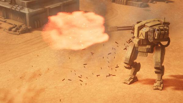 A screenshot from MENACE showing a mech firing a large cannon in a desert environment with scattered bullet casings and a nearby building.