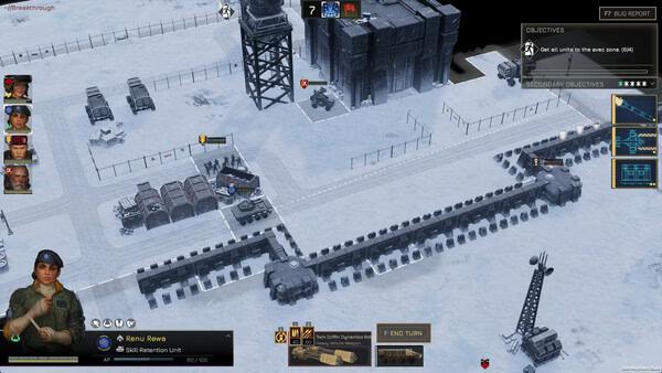 MENACE screenshot: A snowy military base with units, objectives panel, and command interface visible in a strategic gameplay view.
