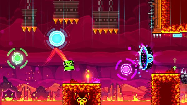 Screenshot from Geometry Dash showing a green icon navigating through a fiery level with obstacles and portals.