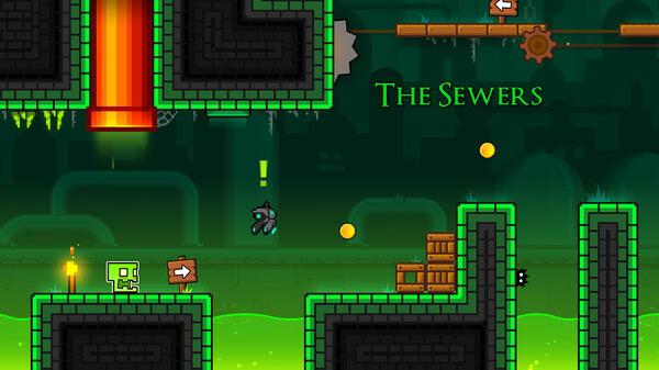Screenshot from Geometry Dash showing a character jumping in a green sewer-themed level with obstacles and coins.