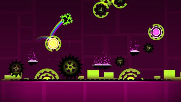 Screenshot from Geometry Dash showing a cube character jumping over spiked obstacles in a vibrant pink and green environment.