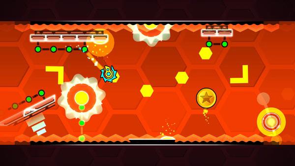 Geometry Dash screenshot: A blue icon navigates through an orange hexagonal obstacle course with spinning gears and platforms.
