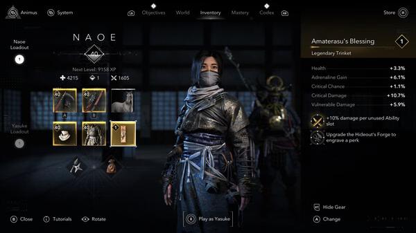 Assassin's Creed Shadows screenshot: Character in samurai armor reviewing inventory screen with various weapons and stats visible.