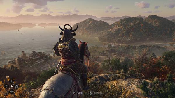 A screenshot from Assassin’s Creed Shadows showing a samurai on horseback overlooking a scenic coastal landscape at sunset.