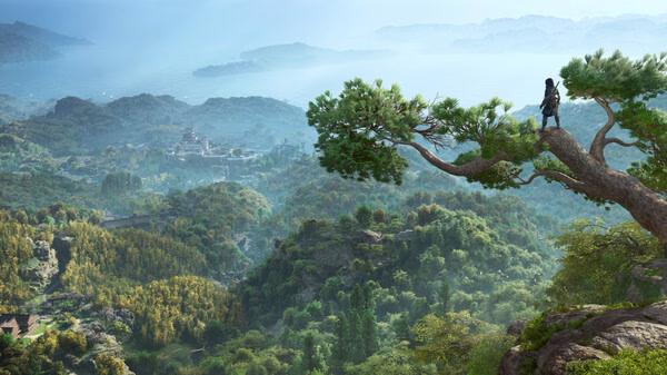 A screenshot from Assassin’s Creed Shadows shows a hooded figure standing on a tree branch, overlooking a vast, lush landscape.
