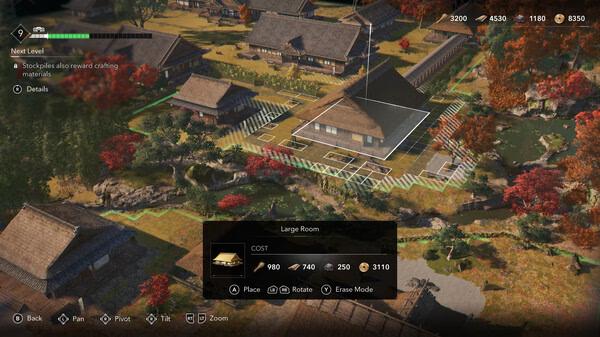 Screenshot from Assassin’s Creed Shadows showing a village layout with a "Large Room" being placed in a crafting menu.
