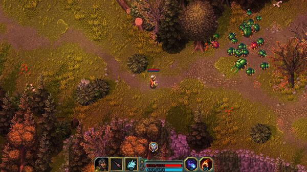 Screenshot from Heroes of Hammerwatch II showing a lone hero in a forest clearing, surrounded by trees and green creatures.