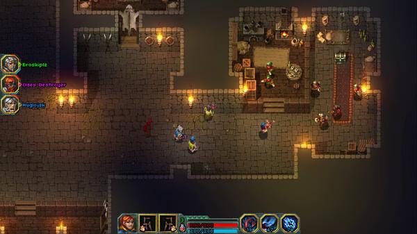 Heroes of Hammerwatch II screenshot: Four players explore a torch-lit stone tavern with NPCs, furniture, and glowing items.