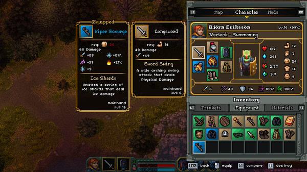 Screenshot from Heroes of Hammerwatch II showing a character inventory screen with equipped weapons and stats.