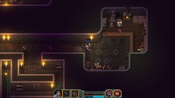 Screenshot from Heroes of Hammerwatch II showing a character exploring a dimly lit dungeon corridor with flickering torches.