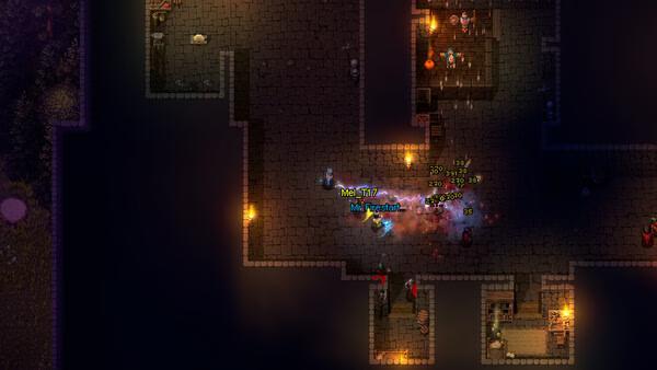 Screenshot from Heroes of Hammerwatch II showing players battling enemies in a dimly lit dungeon room.