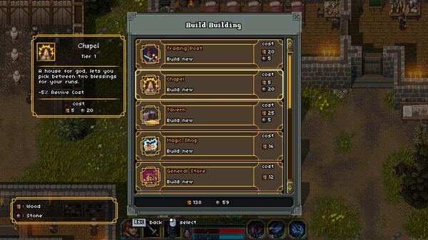 Screenshot from Heroes of Hammerwatch II showing the build menu with options like Chapel, Trading Post, and Tavern.