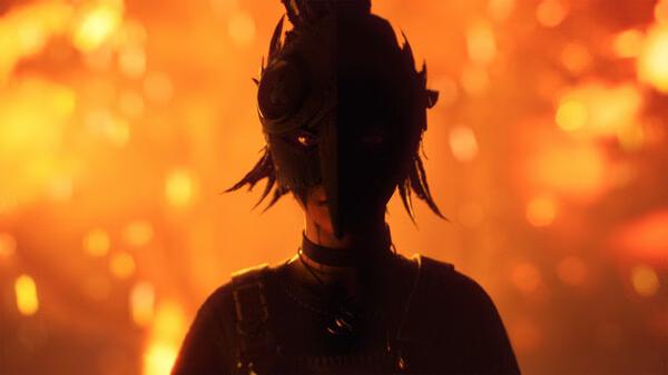Screenshot from Lost Records: Bloom & Rage showing a masked character standing against a fiery, glowing background.