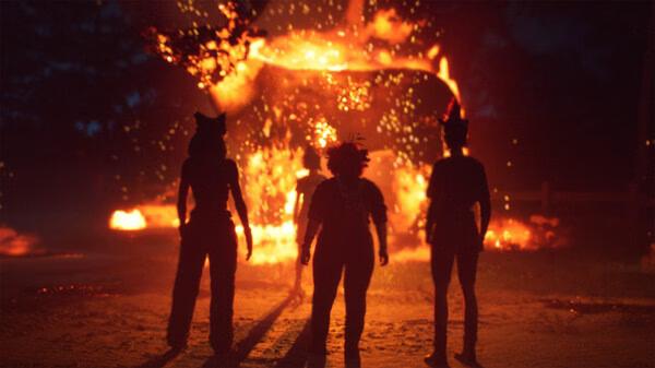 Screenshot from Lost Records: Bloom & Rage shows four silhouetted figures facing a large, fiery explosion in a dark setting.