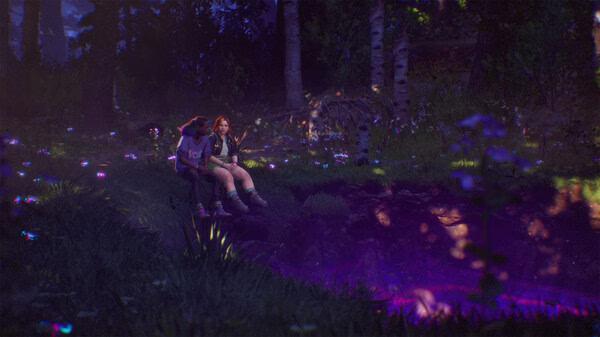 Screenshot of Lost Records: Bloom & Rage showing two characters sitting by a glowing purple creek in a forest at dusk.