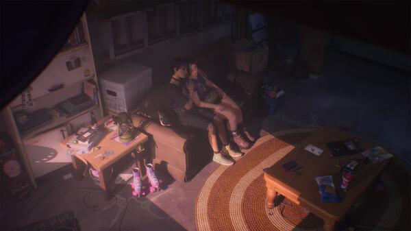 Screenshot from Lost Records: Bloom & Rage shows two characters embracing on a couch in a cluttered room.