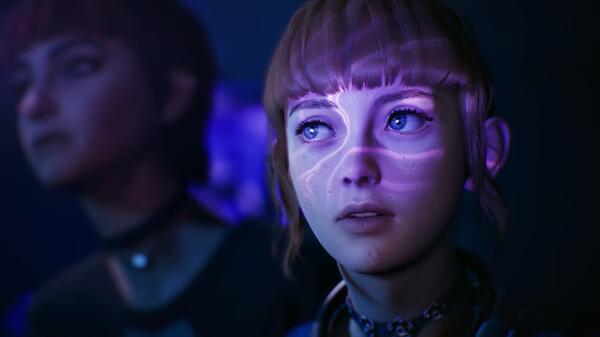 In the Lost Records: Bloom & Rage screenshot, two characters are in a dimly lit scene with purple and blue lighting.