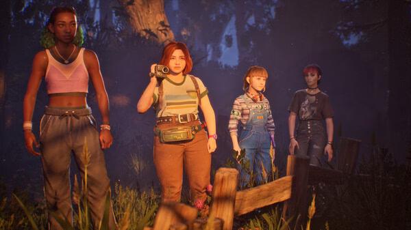 Screenshot from Lost Records: Bloom & Rage showing four characters in a forest, equipped with various gear and outfits.