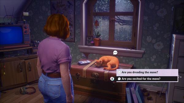 Screenshot from 'Lost Records: Bloom & Rage' showing a character facing a sleeping cat on a chest in a cozy attic.