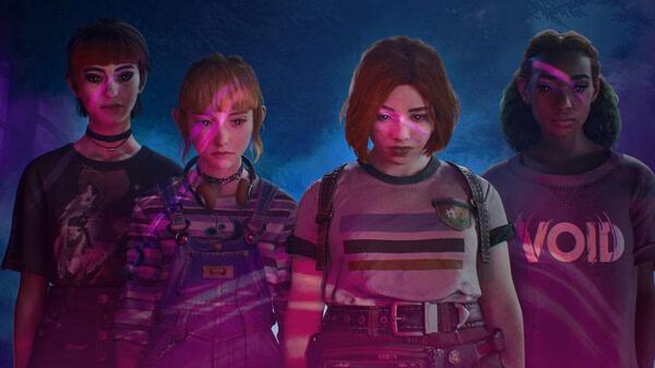 A screenshot from Lost Records: Bloom & Rage showing four characters standing in a dimly lit forest environment.