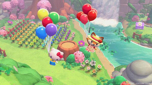 Screenshot of Hello Kitty Island Adventure showing Hello Kitty and a friend floating with balloons over a colorful garden near a waterfall.