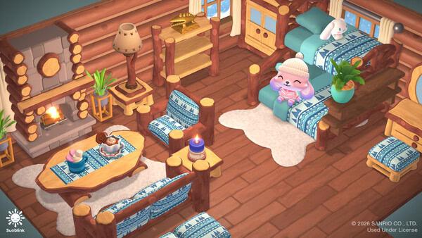 Screenshot from Hello Kitty Island Adventure showing a cozy log cabin interior, with a character relaxing on a bed near a fireplace.