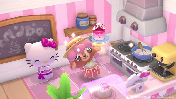 Screenshot from Hello Kitty Island Adventure showing Hello Kitty and a friend baking in a cute pink kitchen.