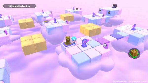 Screenshot of Hello Kitty Island Adventure showing a character navigating floating cloud platforms with puzzles and items.