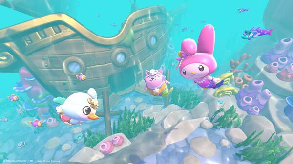 Screenshot from Hello Kitty Island Adventure showing characters swimming underwater near a sunken ship surrounded by colorful coral.
