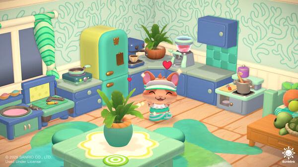 Screenshot of Hello Kitty Island Adventure featuring a cheerful character in a colorful kitchen surrounded by plants and appliances.