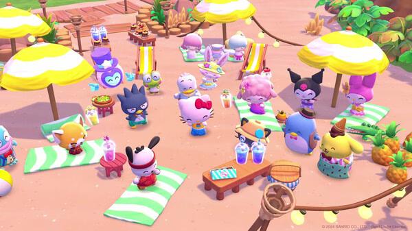 Hello Kitty Island Adventure screenshot: Hello Kitty and friends enjoy a sunny beach picnic under yellow umbrellas.