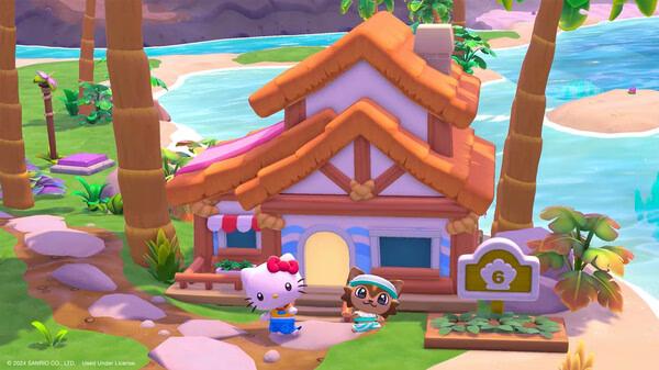 Hello Kitty Island Adventure screenshot: Hello Kitty and a friend stand outside a colorful beach house by the water.