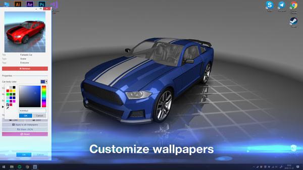 Screenshot from Wallpaper Engine showing a blue sports car with customization options and color settings on the left panel.